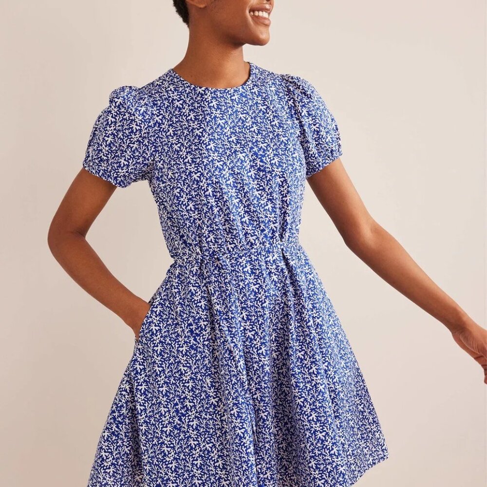 Full Skirted Mini Dress Blue, Abstract Foliage, 6P